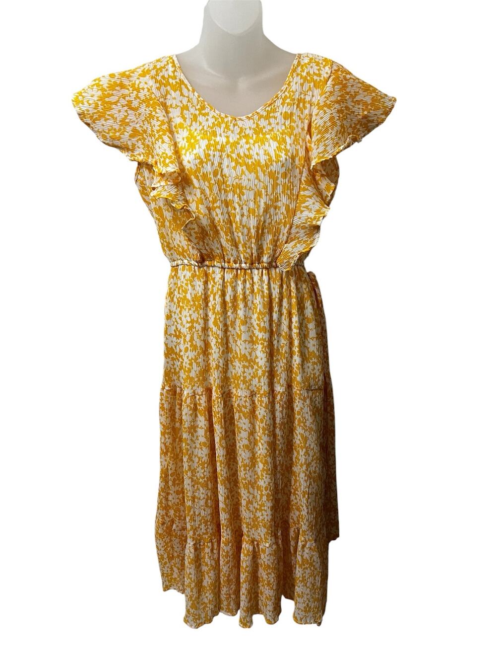 Fair Haven Women’s mustard Floral Maxi Dress Ruffle Sleeve Tie Waist     Tiered